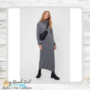 Chunky Knit Turtleneck Slit Midi Dress